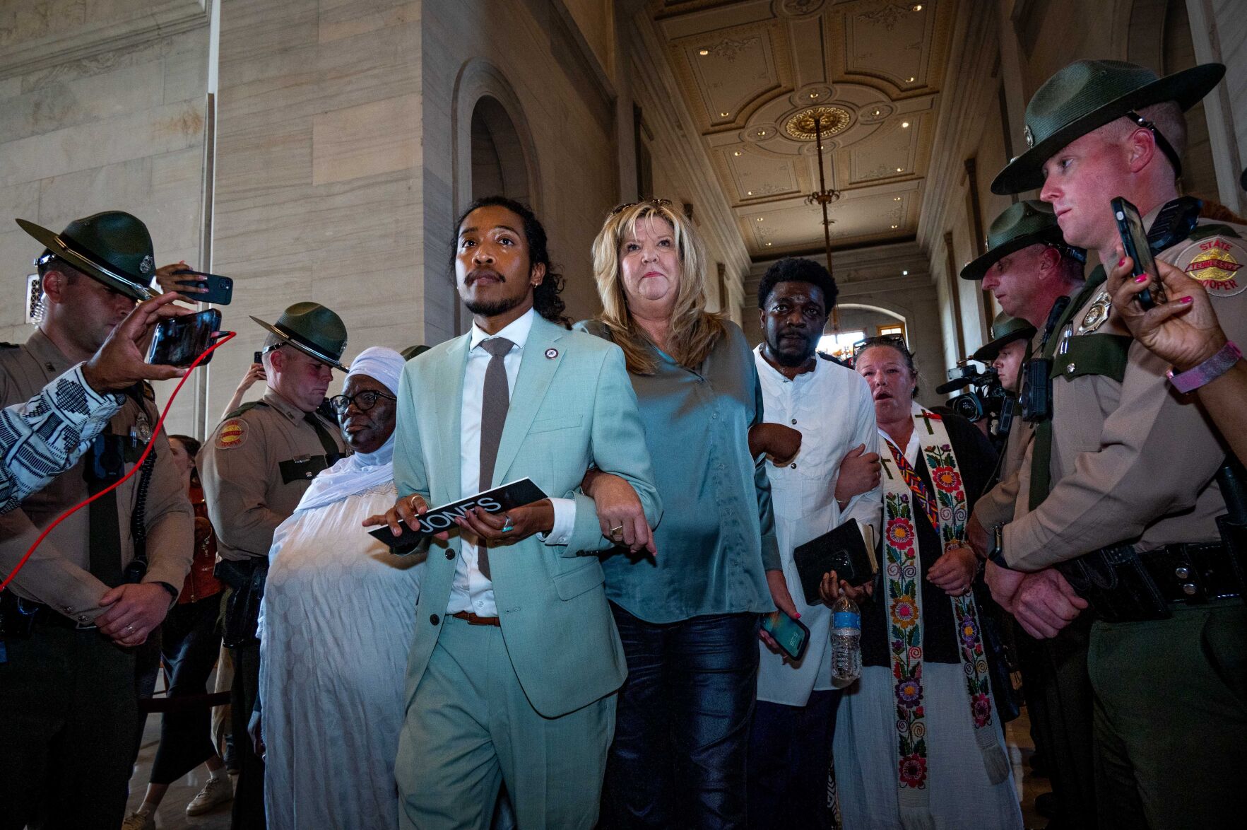 Rep. Justin Jones, joined by Rep. Gloria Johnson, returns to the state House, April 10, 2023